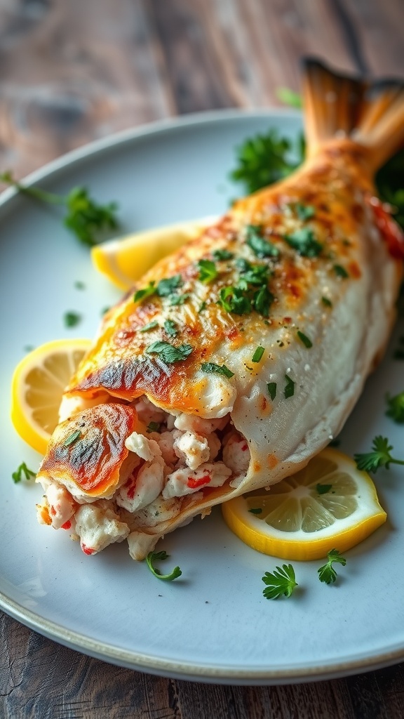 A whole stuffed sea bass with crab meat, garnished with lemon and herbs on a wooden table.